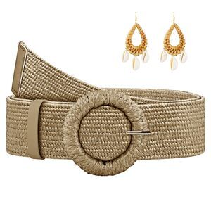 7622 Straw Woven Elastic Belt For Women, Boho Braided Raffia Waist